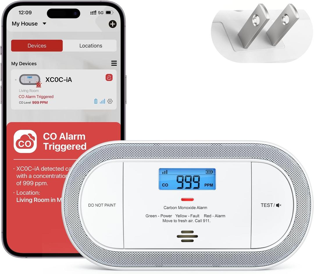 X-Sense Wi-Fi Plug-in Carbon Monoxide Detector with AAA Battery Backup, No-Cost App Notifications, XC0C-iA, 1-Pack