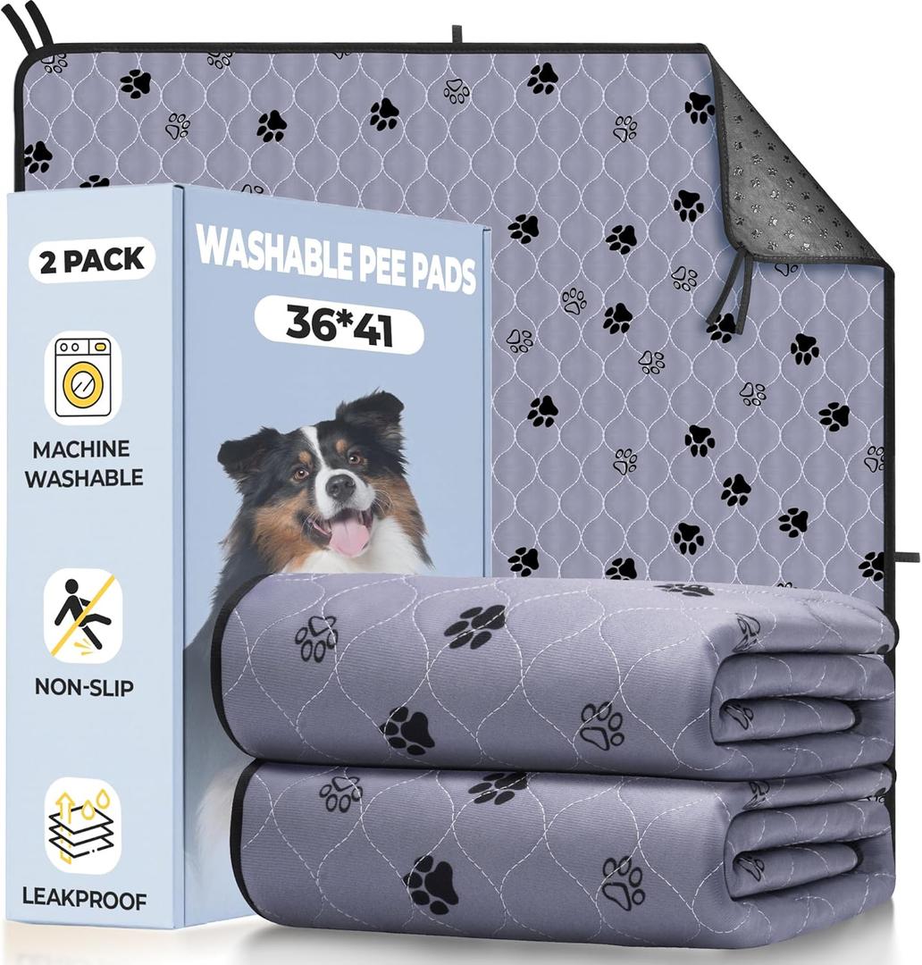 Fostanfly Washable Pee Pads for Dogs, 2 Pack Large 36"x41" Ultra-Absorbent and Leak-Proof Non-Slip Reusable Potty Training Pads for Dogs, Cats, Puppy, Potty Training of Add 8 Lanyards (Gray)