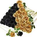 36 Pcs Silk Black Gold Rose Bouquet Bridal Artificial Flowers, Fake Rose Long Stem Realistic Flowers Bulk for Wedding Bouquet Ball Arrangement Centerpiece Party Decor