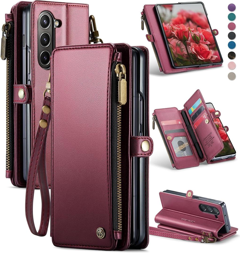 Defencase Wallet Case Compatible with Samsung Galaxy Z Fold 6 with RFID Blocking Card Holder & S Pen Holder Slot PU Leather Magnetic Snap Flip Zipper Strap Phone Case Fit for Galaxy Z Fold 6, Wine Red