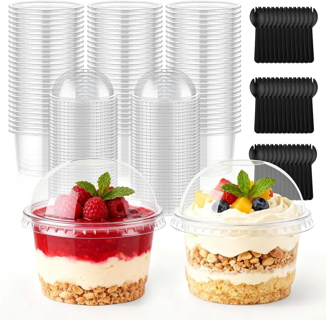 Mwellewm 100 Packs Dessert Cups with Lids, 8 OZ Disposable Plastic Cups with Dome Lid and Fork, Clear Desert Cup Mini Party Serving Container for Parfait Fruit Pudding Jello Ice Cream Drink Yogurt Cake