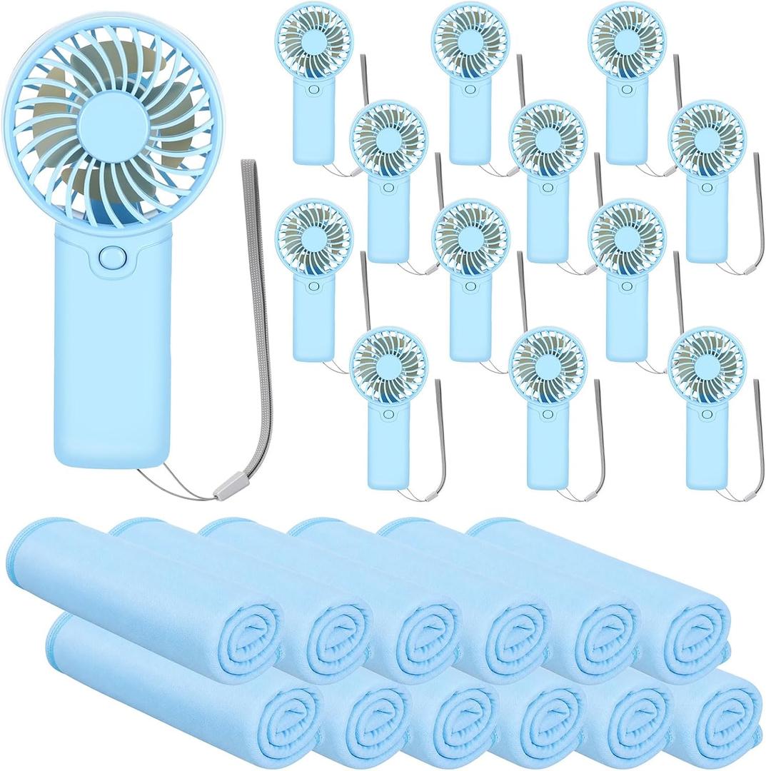24 Pcs Summer Gifts Sets Includes 40"x12" Cooling Towels and Mini Handheld Fan Bulk, Workout Towel Sweat Towels for Neck and Face, Portable Small Fan for Hot Weather Gym Team Travel (Blue)