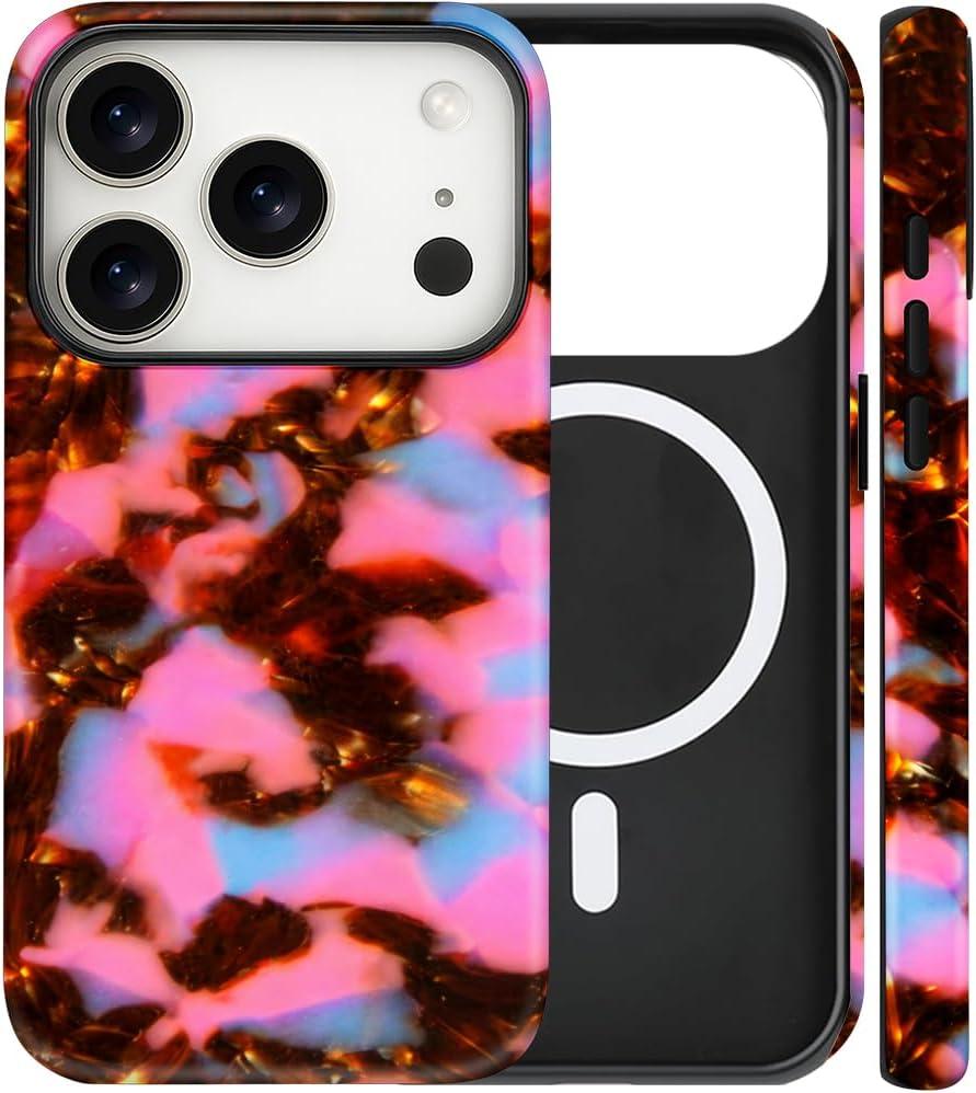 Magnetic for iPhone 17 Pro Case Cute Tortoise Shell Phone Case, Leopard Print Shockproof Slim TPU and Hard PC Protective Cover Fit for MagSafe Designed for Women Girls, Pink Amber