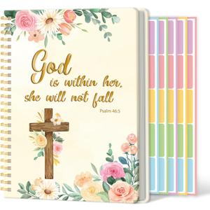 Xqumoi A5 Floral Cross Beige Religious Hardcover Spiral Notebook with Bible Tabs - Flowers Christian Bible Verse Ruled Hardbound Journal Book Labels Index Christmas Gift Sunday School Office Supplies