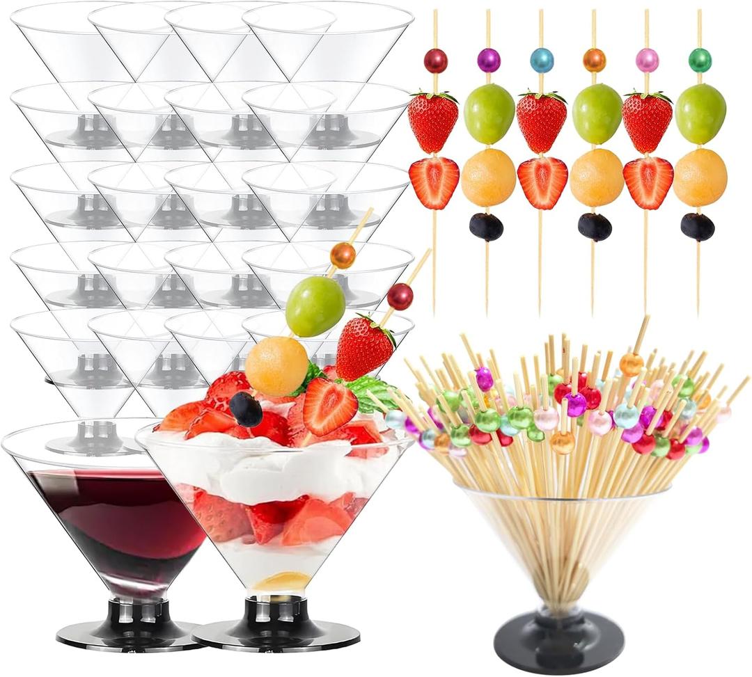 40 Pack Plastic Martini Glasses Disposable 5oz 7oz with 100 Cocktail Sticks Bundle, Disposable Plastic Cocktail Margarita Glasses Cups for Parties Wine Champagne Ice Cream (40, 4.8 oz)