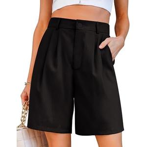 luvamia Bermuda Shorts for Women Dressy Casual High Waisted Summer Work Elastic Waist Pleated Dress Shorts with Pockets S