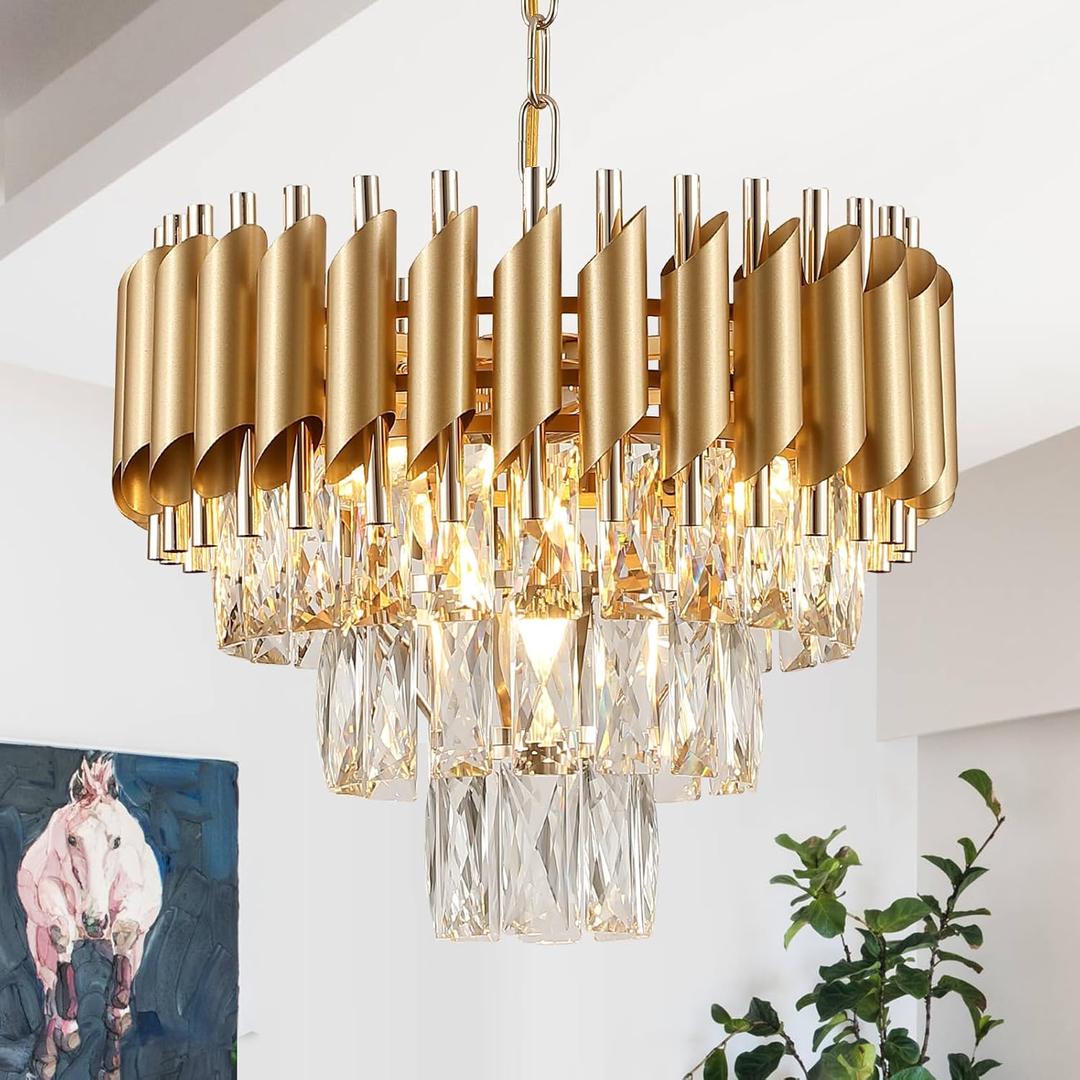 AXILIXI Gold Crystal Chandeliers 16 Modern Ceiling Pendant Light Fixture for Dining Room 3 Tiers Dimmable Round Flush Mount Chandeliers for Living Room Foyer Bedroom Kitchen