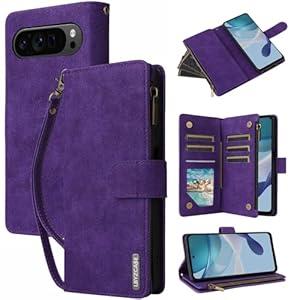 LBYZCASE Phone Case for Google Pixel 9/ Pixel 9 Pro 5G 2024 with RFID Blocking Credit Card Holder and Wrist Strap, Flip Folio Leather Wallet Protective Cover for Pixel 9 Pro, Purple