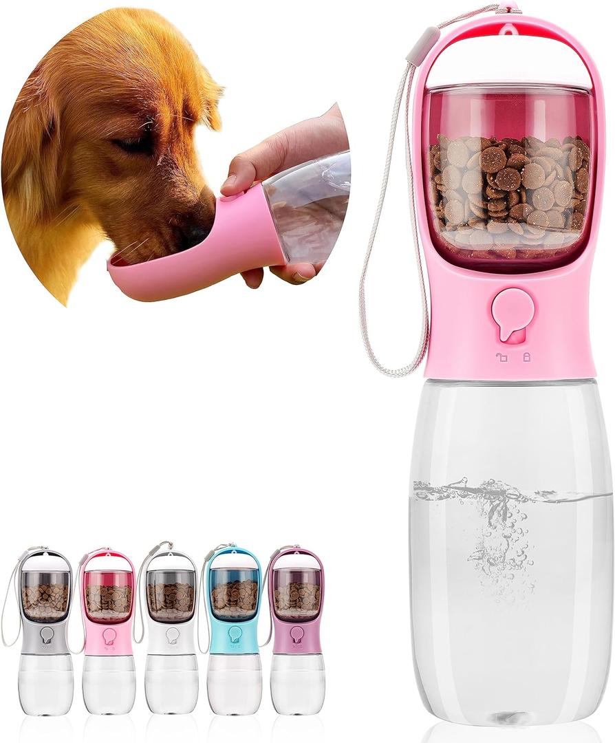 Dog Water Bottle,Portable Pet Water Bottle with Food Container,Outdoor Portable Water Dispenser for Cat,Puppy,Pets for Walking,Hiking,Travel,Puppy Essentials,Dog Stuff(19oz) (Pink)