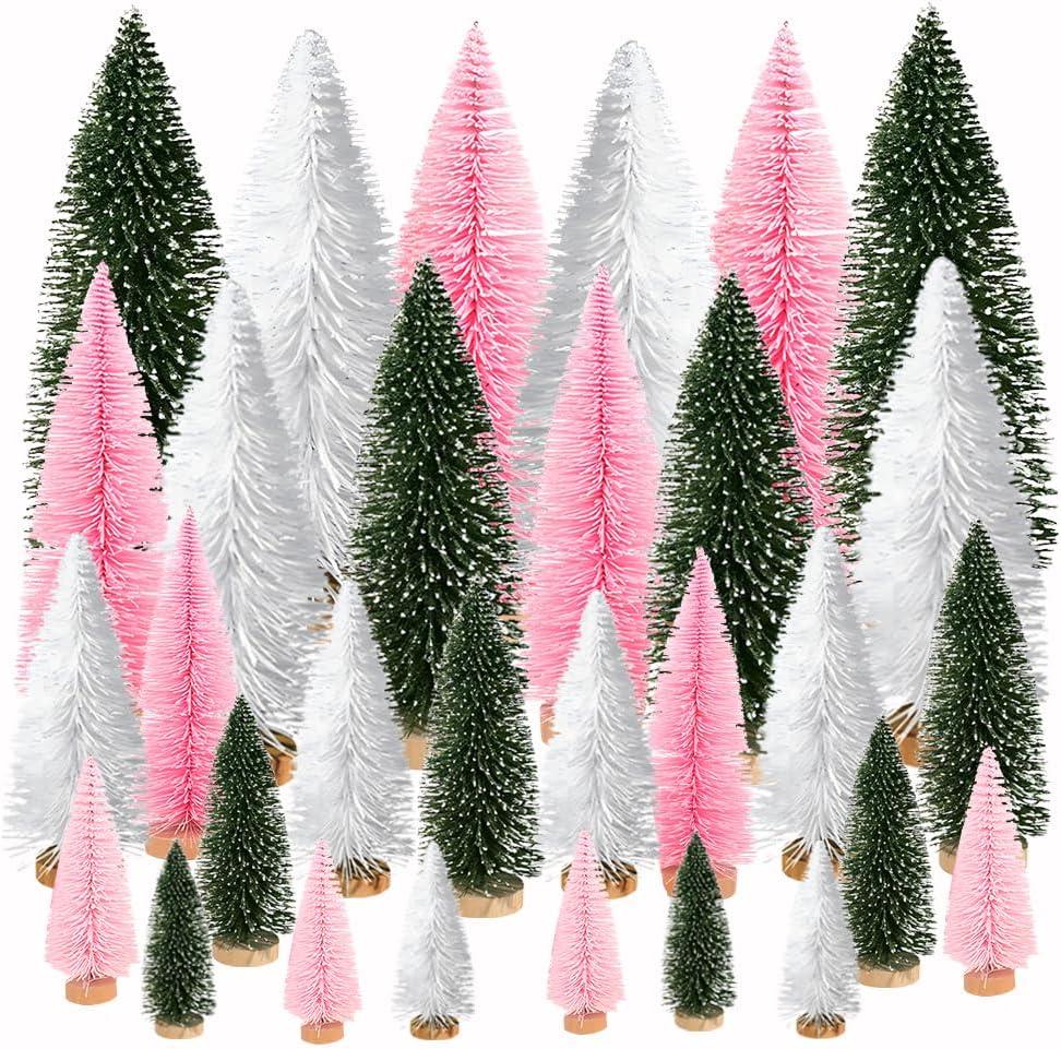 Yahpetes Artificial Mini Christmas Trees, 30 Pcs Sisal Snow Pines in 5 Sizes, Crafting Displaying Decoration, Tabletop Xmas Tree for Home, Party (Pink/White/Green)