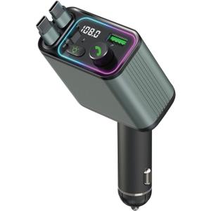 3 in 1 Retractable Car Charger Adapter & FM Transmitter Bluetooth Mp3 Player- Max 65W + 18W with 2 PD Fast Charging,2 Retractable Cables & USB-A Music Playback for iPhone,iPad,Samsung,Pixel