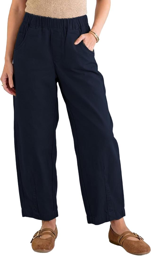 Womens Wide Leg Barrel Pants Mid-Rise Casual Loose Elastic Waist Solid Color Trouser with Pockets (X-Large, Navy)