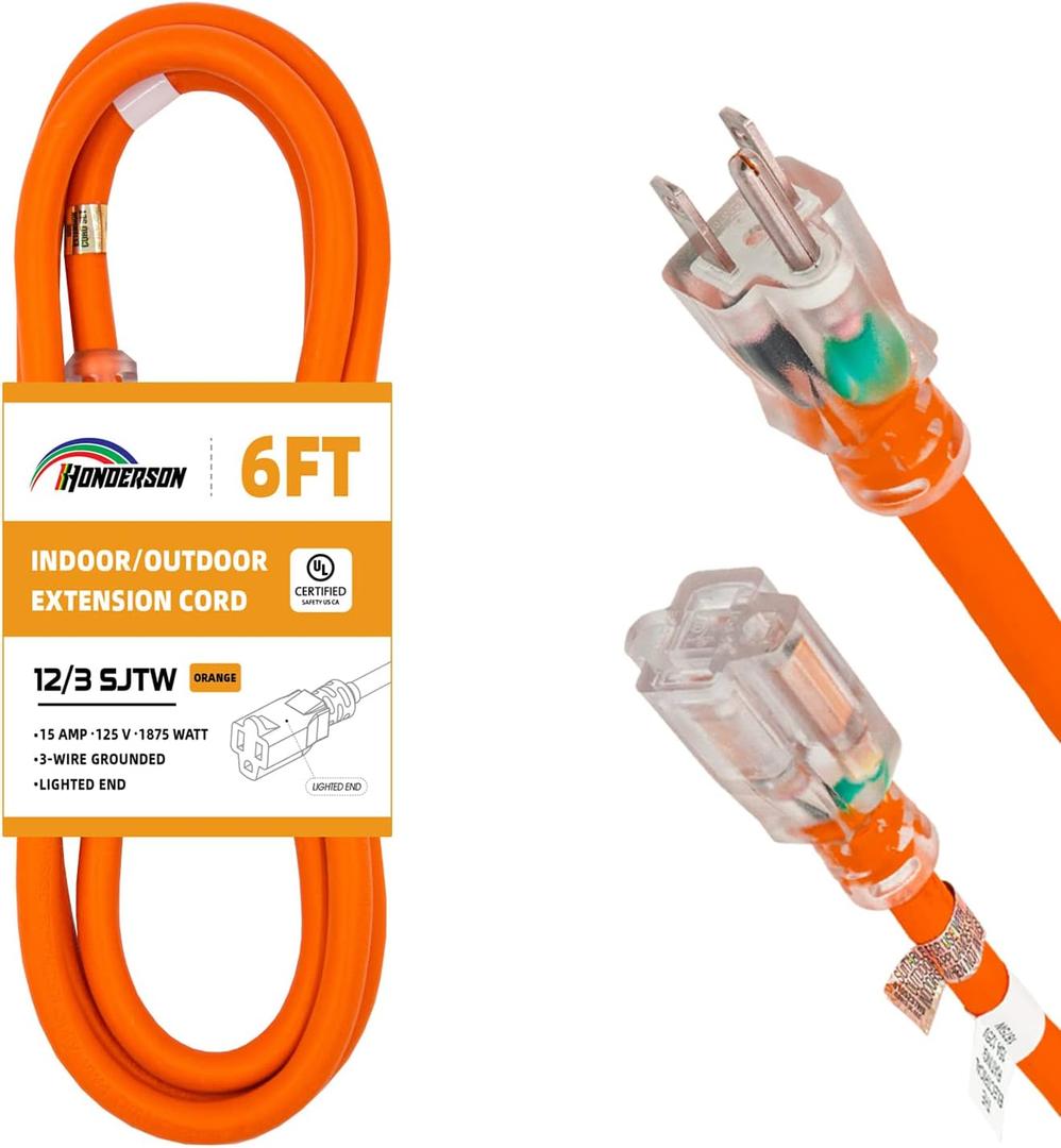 Indoor Outdoor Extension Cord Weatherproof with Lighted End, UL Listed, 12 Gauge 6FT Orange 3 Prong Heavy Duty, 12/3 SJTW 15A Power Cord for Outdoor Lights, Lawn
