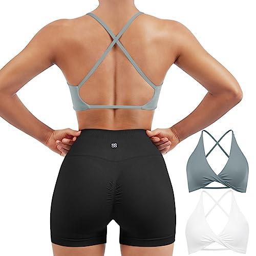 SUUKSESS Women 2 Piece Open Back Strappy Sports Bra Pack Twist Front V Neck Padded Workout Crops (#2 White & Grey, M)