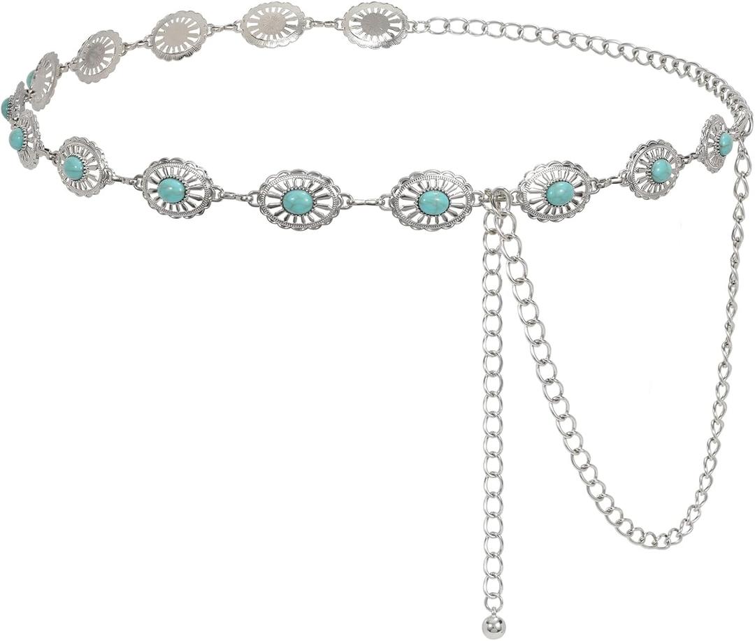 LEACOOLKEY Women Turquoise Concho Chain Waist Belt Silver Western Cowgirl Metal Chain Belt for Dress Adjustable (Fit for Waist up to 34")