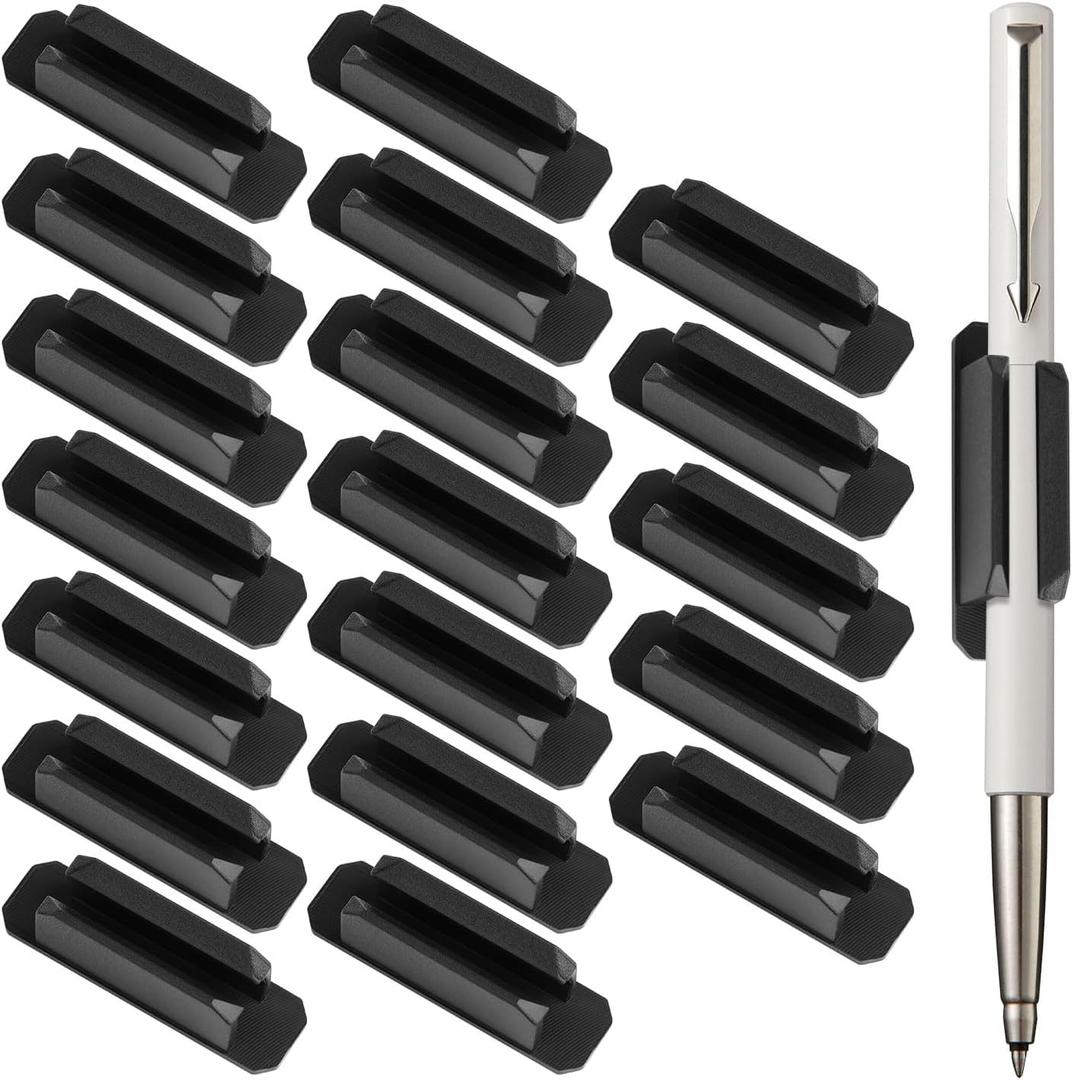 20PCS Adhesive Silicone Pen Holder for Desk Organizer, Strong Sticker Pencil Marker Holder for Clipboard Classroom Office Teacher Supplies (Black)