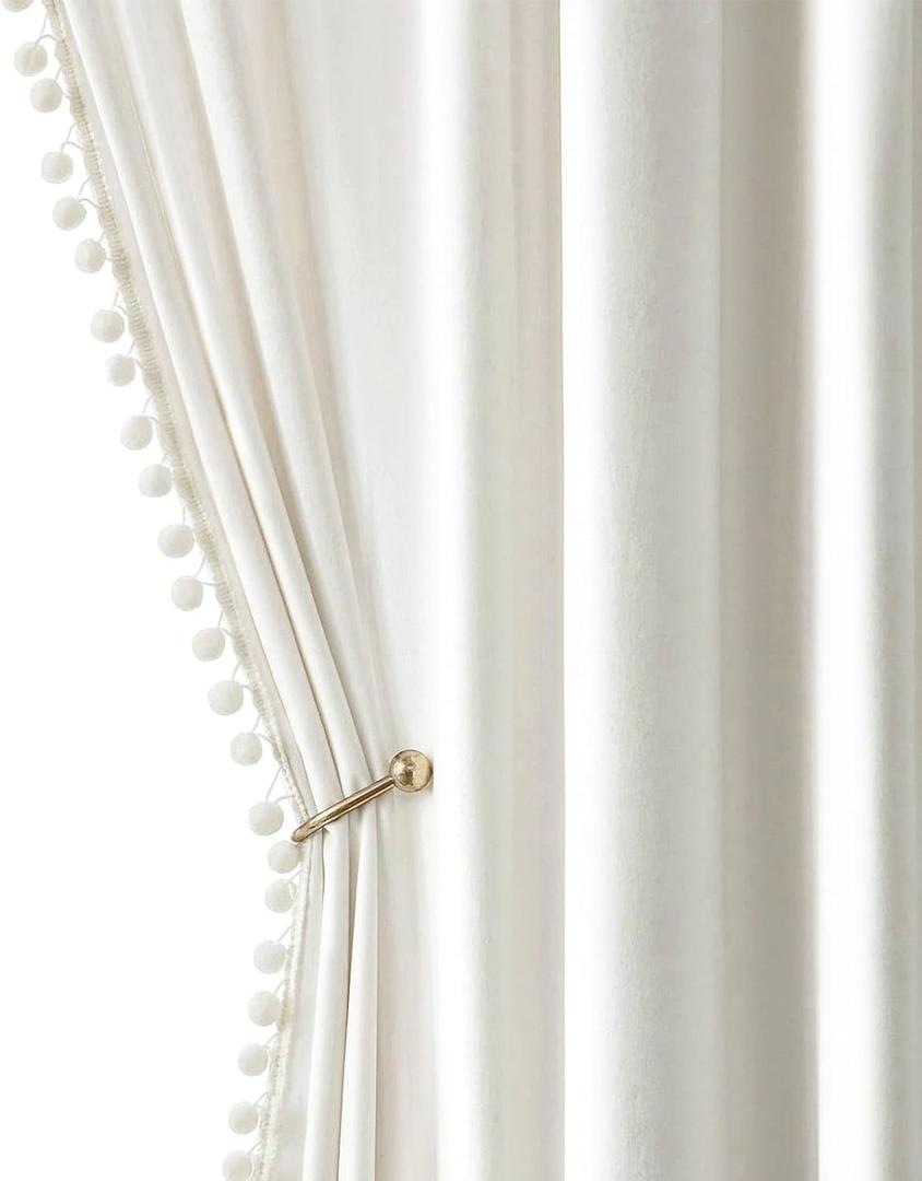 MIULEE Pure White Pom Pom Velvet Curtains for Bedroom/Living Room Darkening Thermal Insulating 96 Inches Long Blackout Curtains with Rod Pocket for Girls Room/Nursery/Home Theater Set of 2, 52"W x 96"L