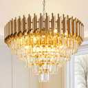 Gold Crystal Chandelier 24" Modern Living Room Chandeliers, K9 Crystal Ceiling Lights Fixtures, Round 5 Tiers Pendant Lighting Large Chandelier for Entryway Dining Room Staircase