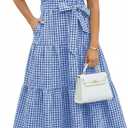 Womens Striped Summer Dress Elegant Ruffled Sleeve Button Down Tie Waist Maxi Shirt Dresses (Small, Plaidblue)
