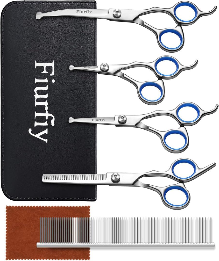 6-in-1 Dog Grooming Scissors - Professional Stainless Steel Hair Cutting Kit with Safety Rounded Tips, Ergonomic Soft-Grip Handles for Small & Large Dogs, Cats (Blue)