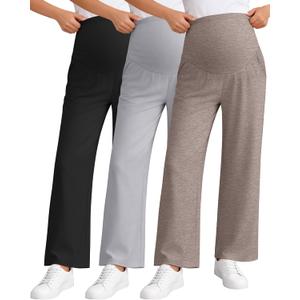 3 Pack Women's Maternity Pants Loose Wide Leg Pregnancy Sweatpants Over The Belly Lounge Pants Pajama with Pockets (Large, Navy Blue, Light Gray, Light Coffee)