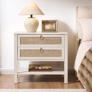 SICOTAS 26.7" Wide Boho Rattan Nightstand, White Oak Bedside Table with 2 Drawers & Open Shelf, Large Side Table for King Size Bed, Modern Coastal Accent Table for Bedroom