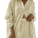 Fixmatti Women 2 Piece Outfits Long Sleeve Button Down Blouse and Shorts Sweatsuit Sets Small