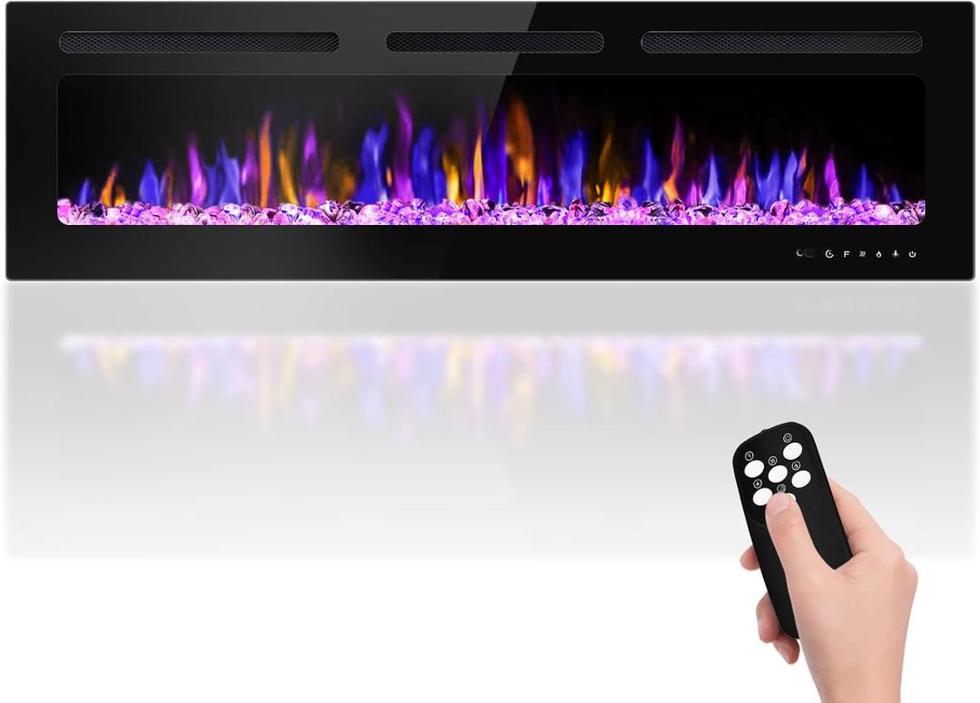 60" Electric Fireplace Wall Mounted and Recessed with Remote Control, 750/1500W Ultra-Thin Wall Fireplace Heater W/Timer Adjustable Flame Color and Brightness, Log Set & Crystal Options