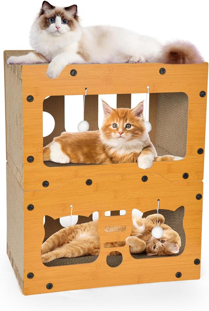Cardboard Cat House, Double Layer Cat Scratcher House for Indoor Cats, Scratch & Sleep 2 in 1 Design, Durable & Easy to Assemble Scratching Bed with Scratching Board and Hanging Ball Toy Cardboard Cat House, Double Layer Cat Scratcher House for Indoor Cats, Scratch & Sleep 2 in 1 Design, Durable & Easy to Assemble Scratching Bed with Scratching Board and Hanging Ball Toy