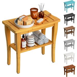 Bamboo Shower Bench Stool with Storage Shelf, Waterproof Shower Chair Spa Bath Seat, Shower Stool for Inside Shower, Bathroom Bench Seat for Adults Elderly Seniors for Indoor or Outdoor Use