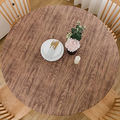 LIBERECOO Round Vinyl Fitted Tablecloth with Flannel Backing Elastic Edge Table Cover Waterproof Stain-Resistant Wipeable Tablcloths Fits 45-56" Round Tables