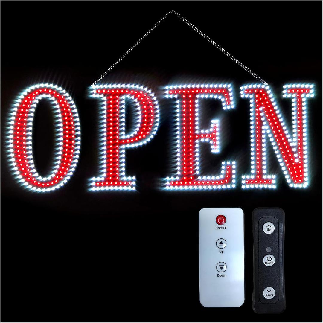40"x14" Extra Large LED Open Signs for Business with Remote Control, 10 Levels Brightness Adjustable Unique Design Super Bright with Chain, High Visibility for Store Bar Hotel Retail Shop Salon Office (40*14 inch (White+Red))