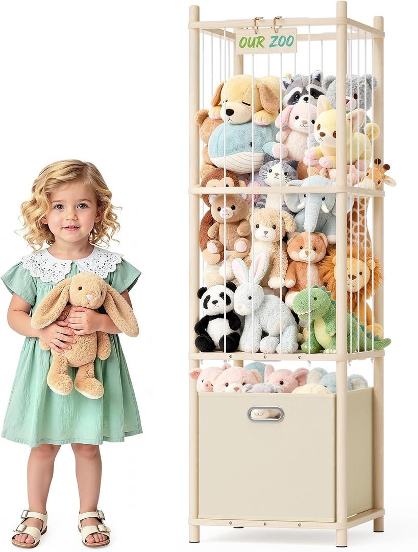 Stuffed Animal Storage Organizer - Large Wooden Toy Organizer with Drawer for Nursery, Bedroom, Kid room, Natural Pine Material, Space-Saving