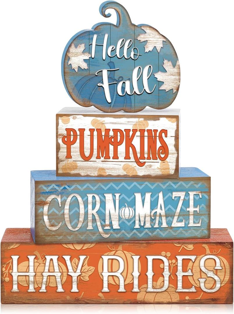 4 Pcs Fall Thanksgiving Decor for Home Blue Pumpkin Wooden Signs with Blessed Autumn Tiered Tray Decor Hello Fall Tabletop Centerpiece Maple Leaf Block Signs for Thanksgiving Office Kitchen Shelf