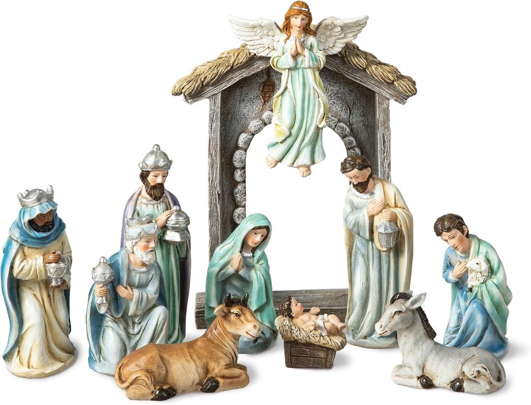Glitzhome Christmas Nativity Set Nativity Scene Set Indoor 8" Resin Nativity Figurines Set 11 Pcs Removable Angel Statue Blue Nativity Sets & Figures Christian Holy Family Figure with Baby Jesus