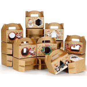 Fulmoon 24 Pcs Christmas Treat Boxes with Window 6 Styles Christmas Cookie Gift Gable Boxes with Handle 6 x 3.5 x 3.5 Inches Xmas for Holiday Birthday Gift Giving Party Favors, Brown