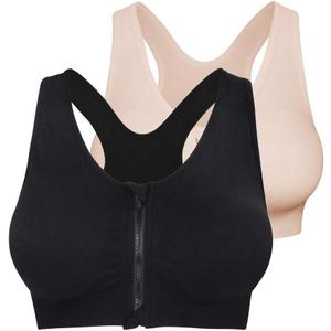 Fapreit Women's Zip Front Closure Sports Bra - Seamless Wirefree Post Surgery Padded Racerback Workout Gym Yoga Bras (4X-Large, Black+beige)