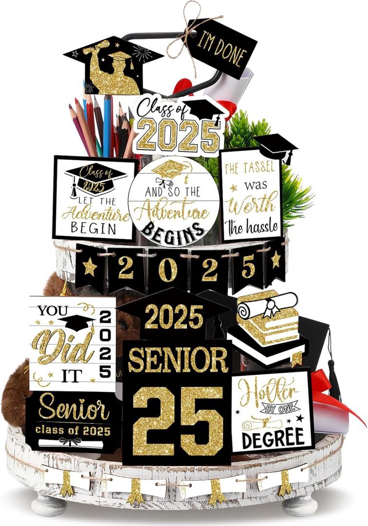 22 Pcs 2025 Graduation Tiered Tray Signs Sets Farmhouse Wooden Class of 2025 Graduation Signs for Home Party Tiered Tray Table Office Desk(Black Gold)