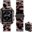 Band with Case Compatible with Apple Watch 46mm 45mm 44mm 42mm 41mm 40mm 38mm,Women Men Fashion Resin Strap Bumper for iWatch Series 11/10/9/8/7/SE/6/5/4/3/2/1 (Black Ivory Tortoise1)