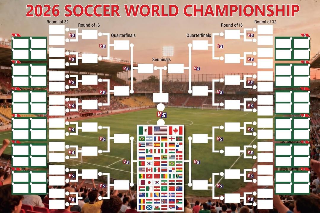 2026 Global Football Tournament Bracket Poster, 35x24" Professional DIY Match Tracker with 64 Reusable National Flag Stickers, Premium Polyester Fabric Wall Decor for Office, Man Cave & Sports Bar