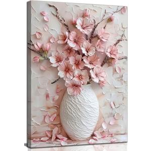 Pink Floral Canvas Wall Art sakura Flowers Botanical painting Decor Pictures Cherry blossoms Posters Prints for Living Room Classroom Bedroom office corridor bathroom Decoration, 24"L x 16"W