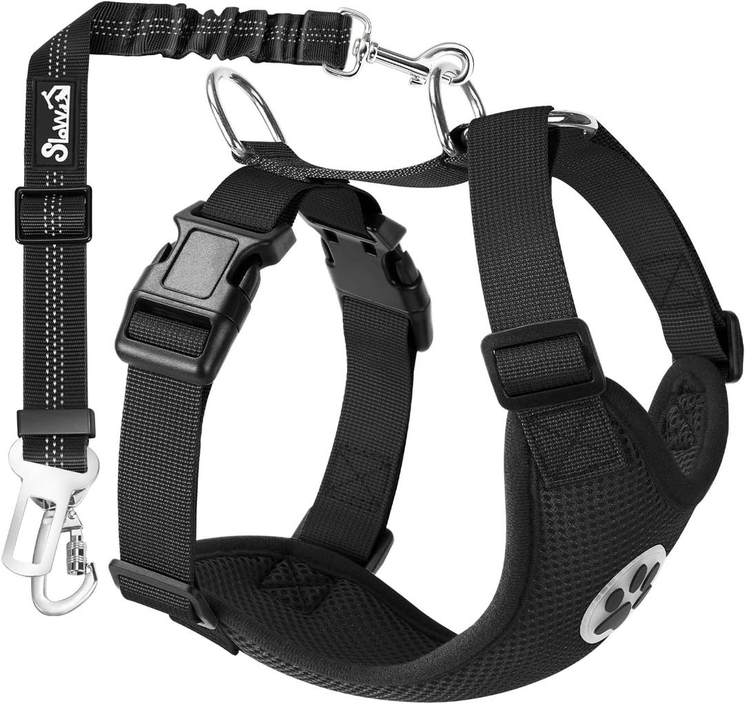 SlowTon Dog Seat Belt Harness for Car, Dog Car Harness Adjustable Mesh Breathable & Dog Seatbelt Safety Tether with Elastic Bungee for Pets(Black, Double Clip, M)