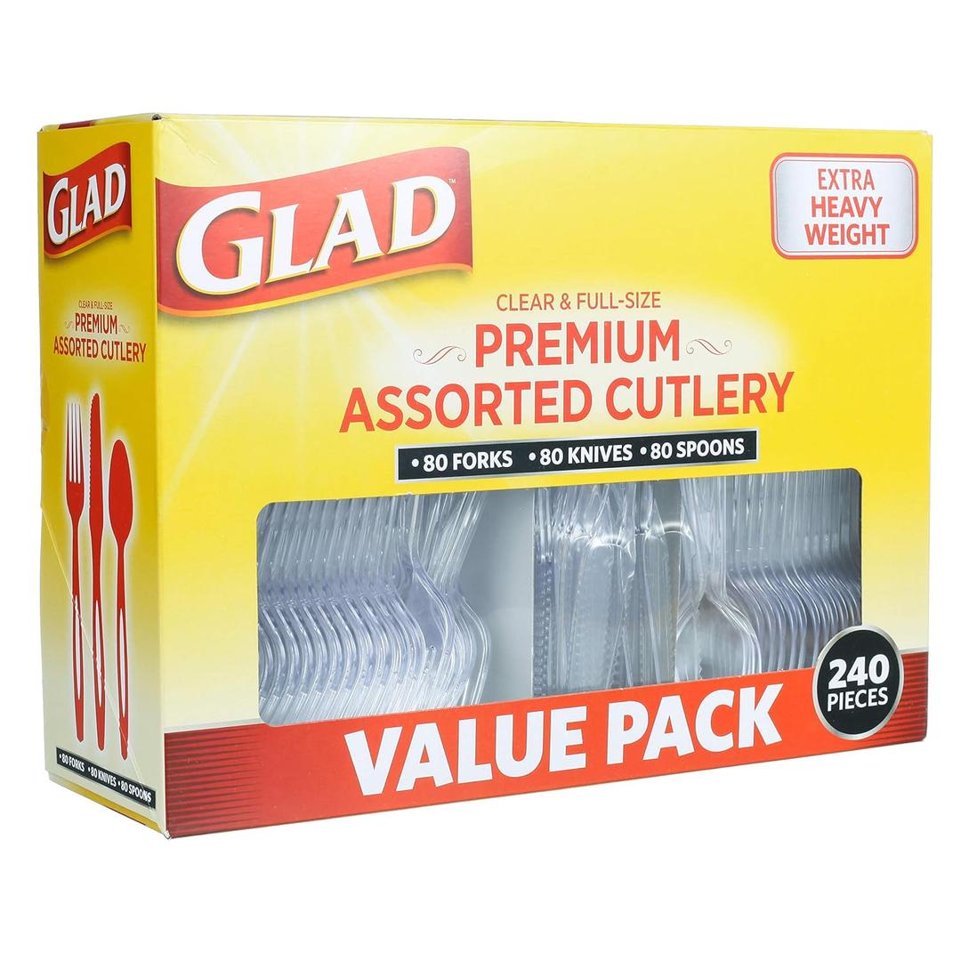 Glad Disposable Cutlery Set - Clear Heavy Duty Plastic Forks, Knives, and Spoons - 240 Piece Plasticware for Parties - Durable, Sturdy Recyclable Utensils - Great for July 4th, Thanksgiving, Christmas (240 Count (Pack of 1))