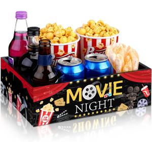 Snack Tray with Handles and 4 Compartments for Theater Popcorn Bucket Bowl Box Reusable Wooden Gift Basket Organizer Holder for Family Theater Room Decor(Black, Red,Classic Style)