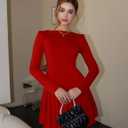 Women's Long Sleeve Mini Dress Sexy Boat Neck Pleated A-line Party Dresses (Red, L)