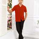 Men's Short Sleeve Button Down Shirt Cuban Collar Anti-Wrinkle Shirt Casual Summer Beach Shirt (Red, M)