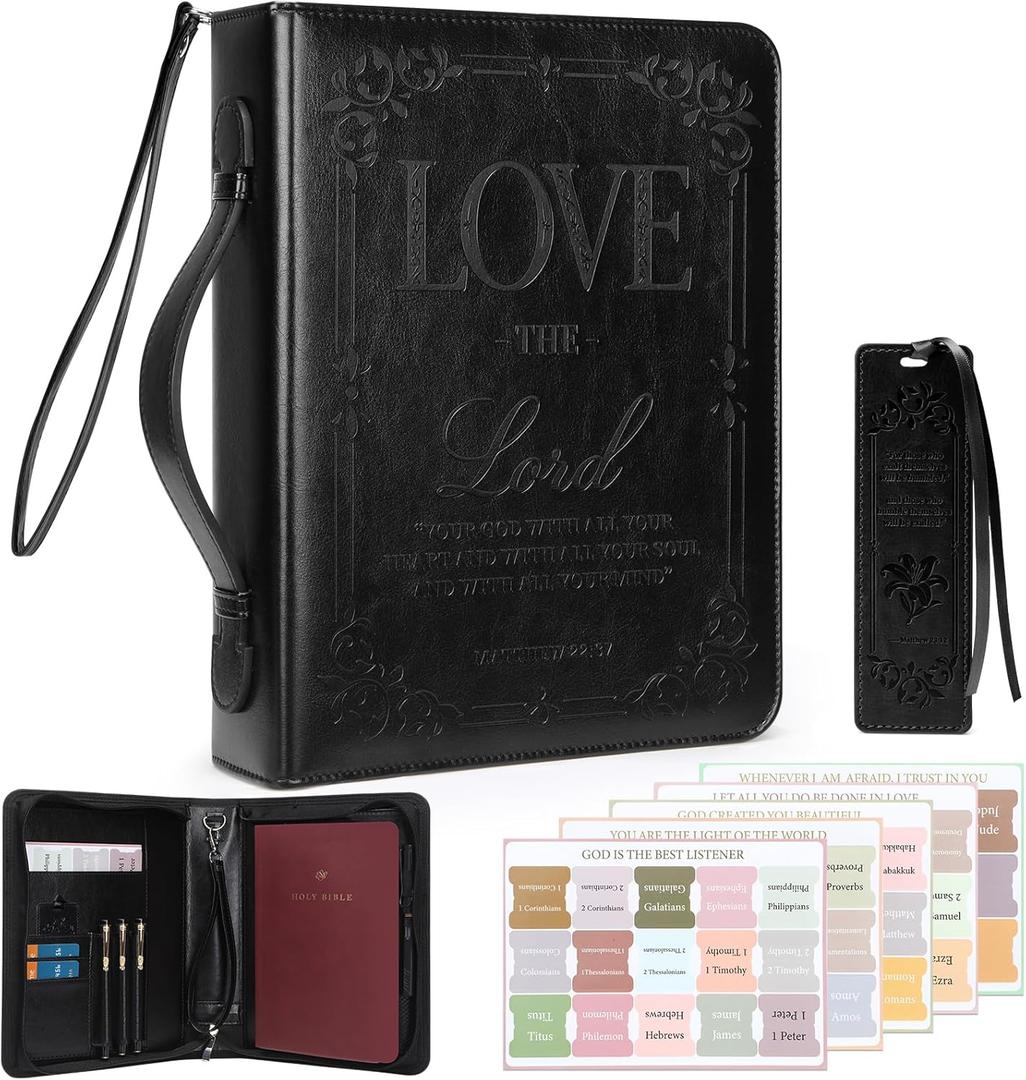 IVGHV Leather Bible Cover for Men, Premium PU Leather Bible Cover Case for Women Large, Church Bag, Carrying Book Case, Bible Book Cover with Handle&Zippered Pocket, Bible Bag for Men & Women (Black)