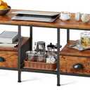 Furologee 35" Coffee Table with 2 Storage Drawers, Small Coffee Tables for Living Room, Industrial Center Table with 2 Tier Storage Shelf, Rustic Brown (34.7"L x 14.2"W x 16.8"H)