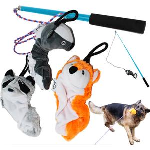 Jalousie Collapsible Dog Flirt Pole with Three Squeaky Toys Plush Toys Dog Teaser Wand Chase it Toy with Refills Upgraded Rope