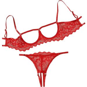 Lilosy Sexy Underwire Floral Lace Sheer Lingerie Set for Women See Through Bra and Panty 2 Piece (Medium, Red)